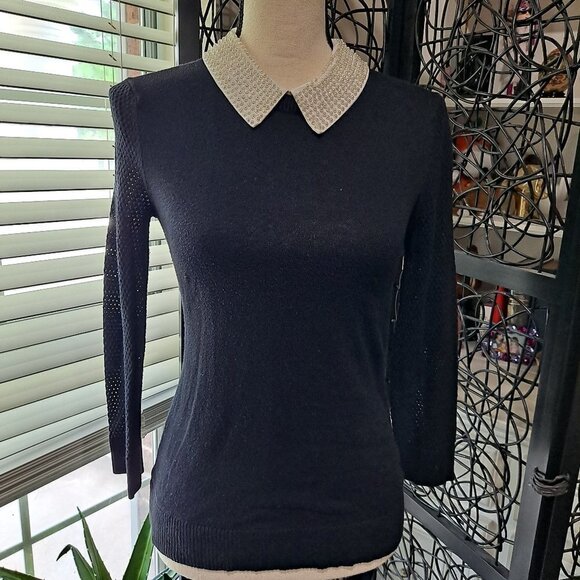 Maison Jules Size Small Black Sweater White Peter Pan Pearl Collar Mesh Sleeves - Picture 1 of 12